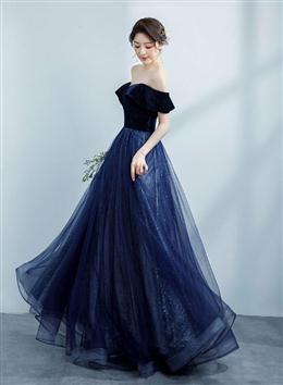 Picture of Navy Blue Off Shoulder Velvet Sweetheart Party Dresses, Shiny Tulle Long Prom Dresses Party Dresses